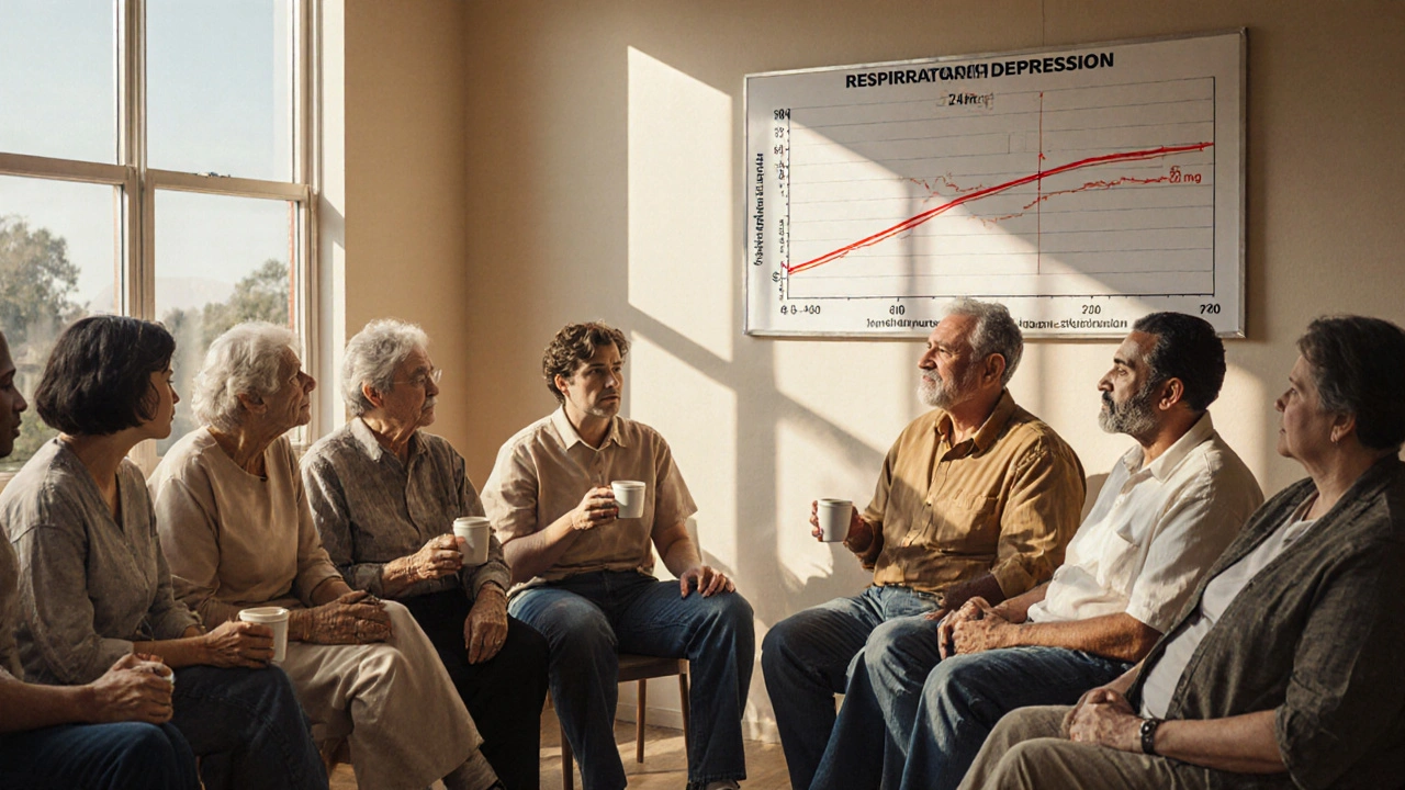 Un gruppo di persone in riunione di sostegno osserva un grafico sulla sicurezza della buprenorfina.