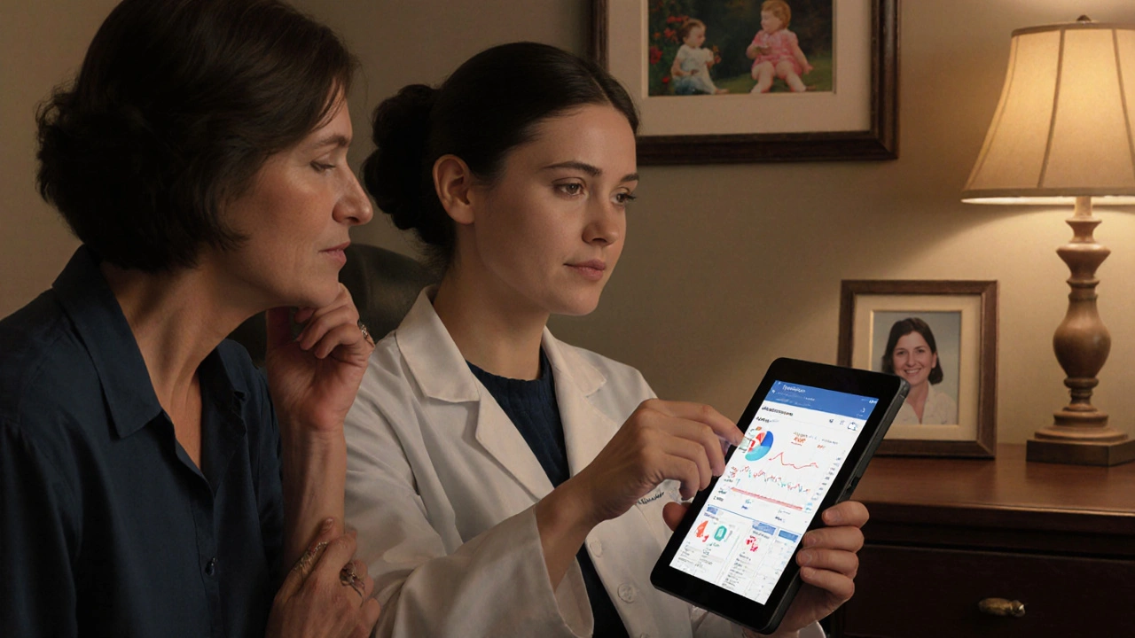 Un medico e una paziente osservano insieme i dati sanitari in tempo reale di una pillola intelligente.