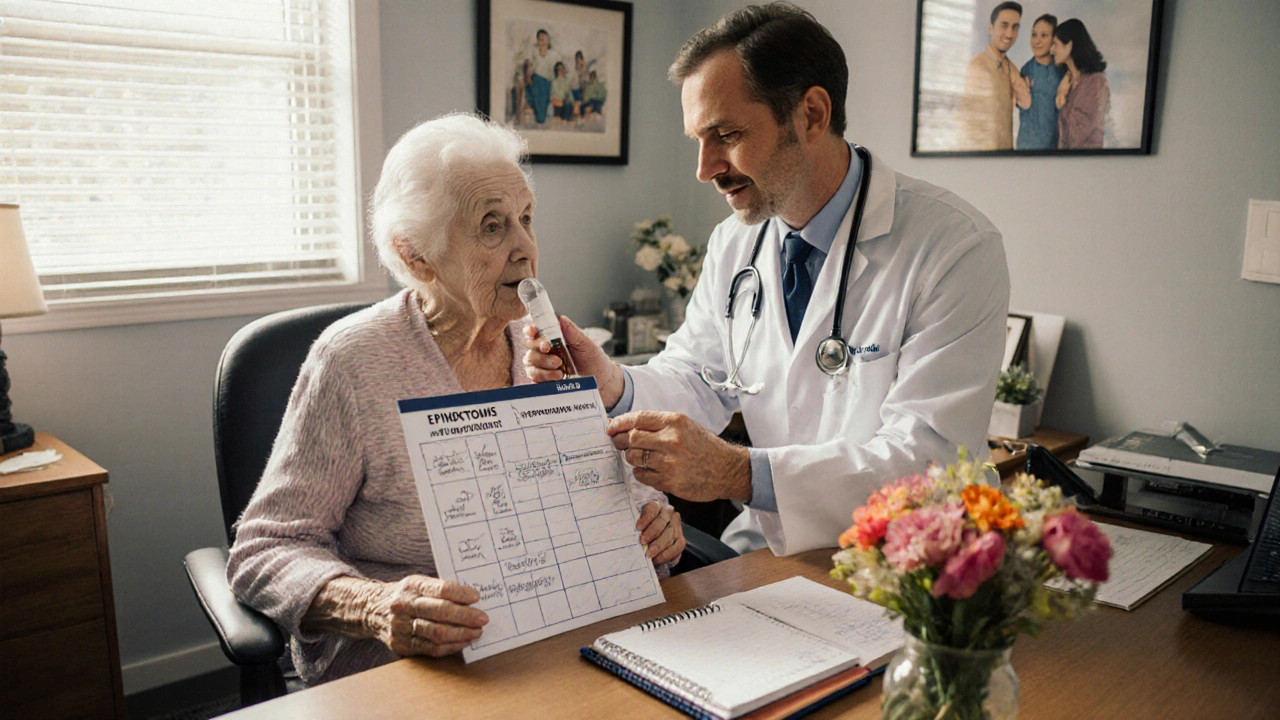 Un medico spiega a una donna anziana come usare l&#039;iniettore di epinefrina in un ambiente clinico caldo e rassicurante.