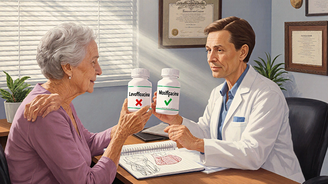 Un medico spiega a una paziente la differenza tra due antibiotici, mostrando due bottiglie su una scrivania.