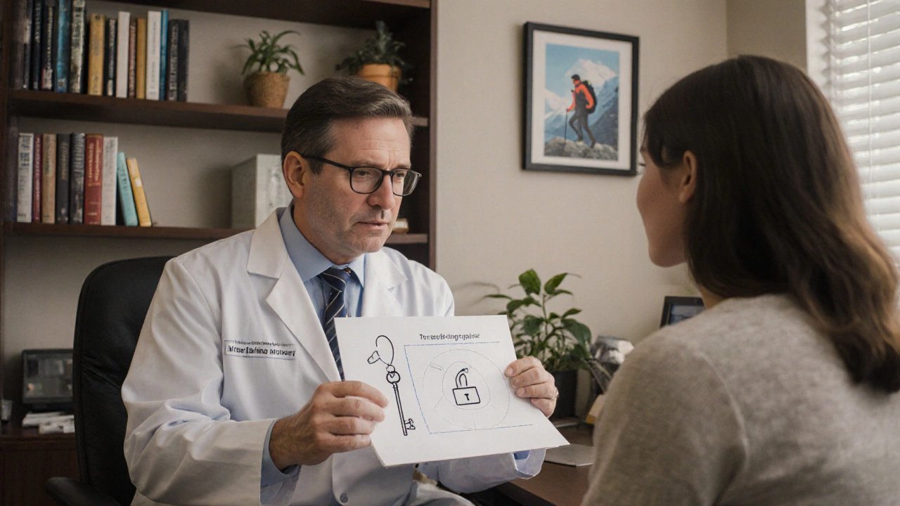 Un medico spiega il meccanismo dell&#039;effetto tetto con un modello a chiave e serratura.