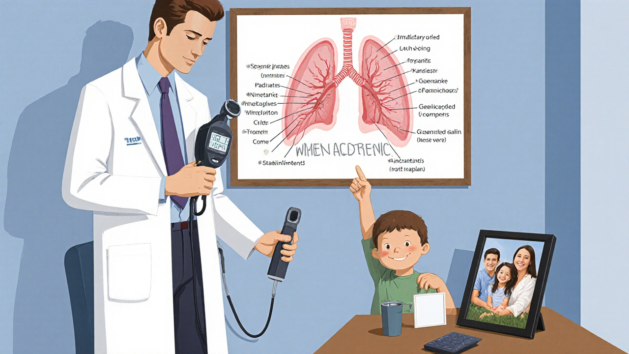 Un medico spiega una spirometria a un paziente, con un diagramma delle vie aeree sul muro e una famiglia in fotografia sul tavolo.