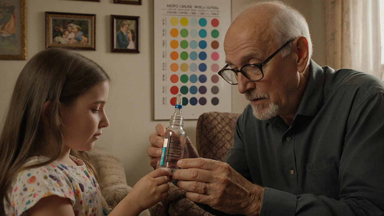 Un nonno somministra un farmaco a sua nipote usando un gocciolatore con finestra colorata, in un ambiente domestico caldo.