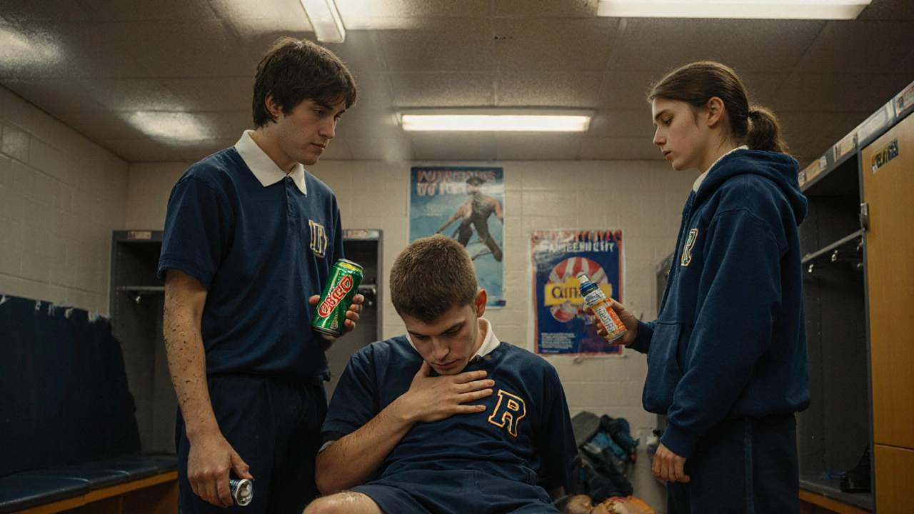 Un ragazzo in uniforme scolastica sviene in palestra mentre due compagni lo fissano attoniti, con una lattina e una pillola sul pavimento.