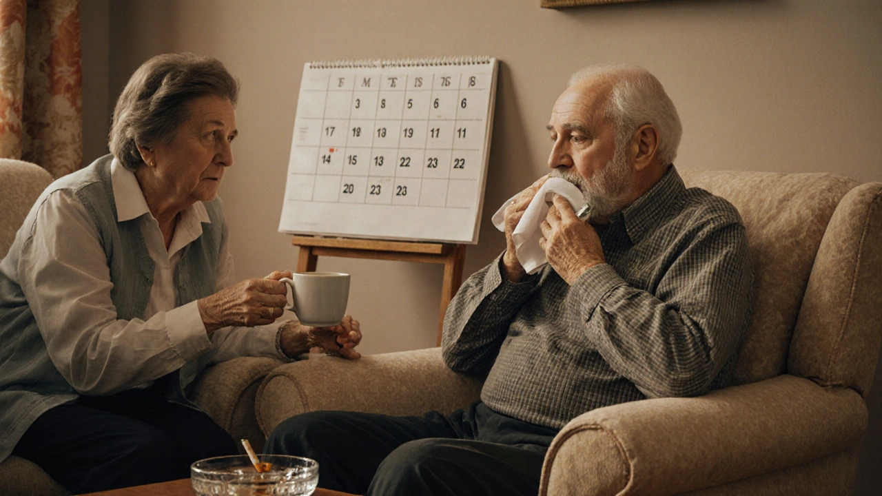 Un uomo anziano con COPD tossisce leggermente in una stanza accogliente, mentre sua moglie gli offre una tazza di tè.