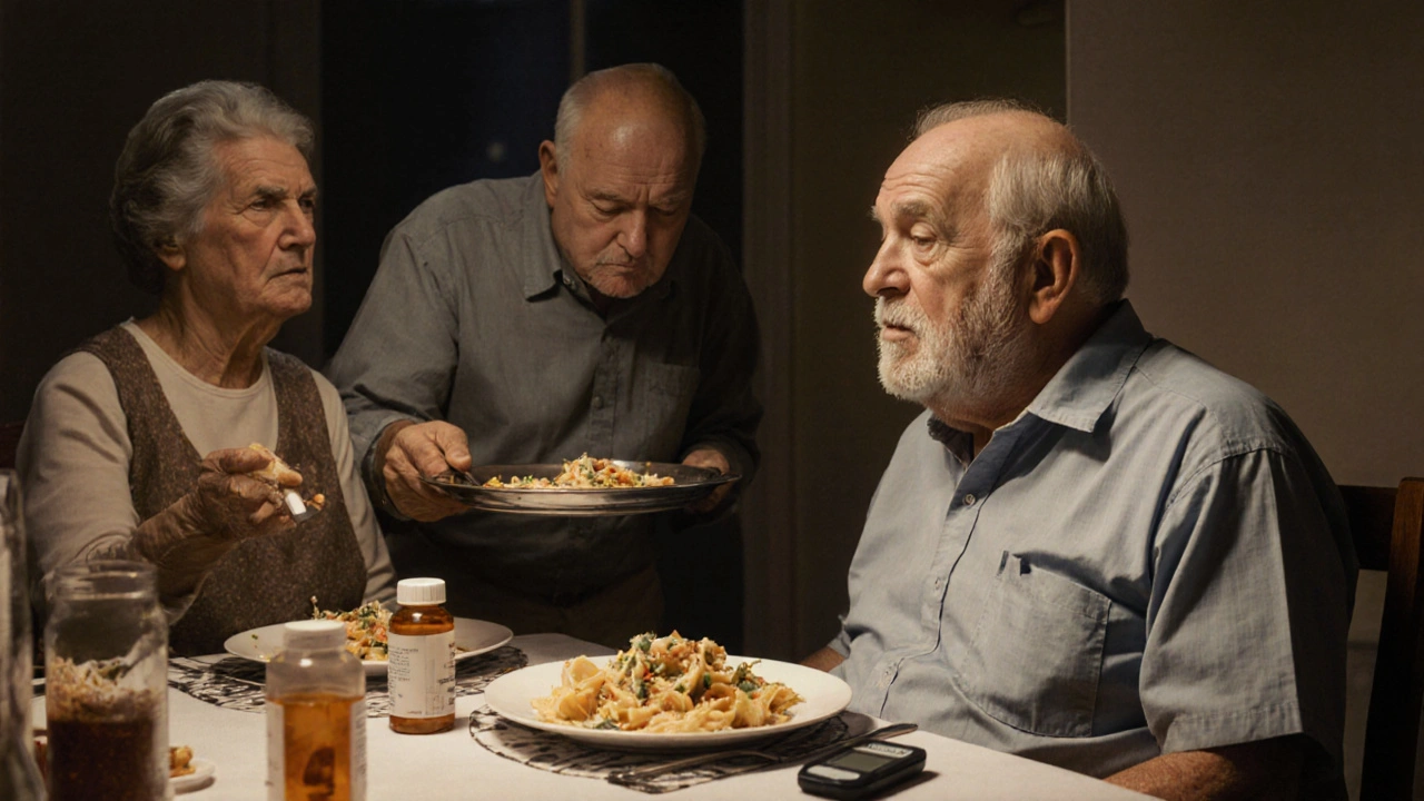 Un uomo anziano guarda il suo riflesso all&#039;ora di cena, con il viso arrotondato e la pancia gonfia, mentre un farmaco e un misuratore di zucchero sono sul tavolo.
