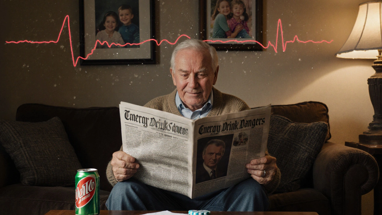 Un uomo anziano legge un giornale con un energy drink e le sue medicine sul tavolo, mentre una luce rossa pulsante gli attraversa il petto.