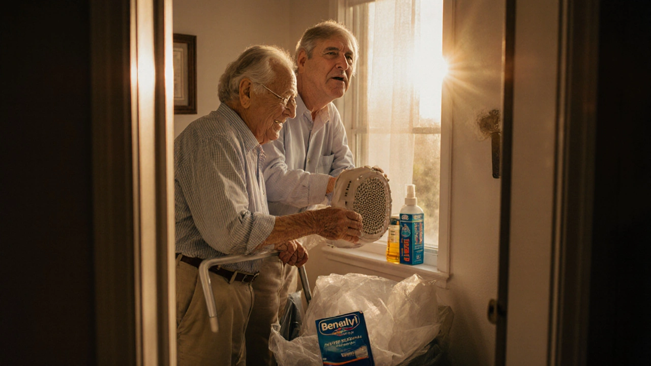 Una coppia anziana che installa barre di sostegno e un filtro HEPA in casa, con un&#039;atmosfera calda e rassicurante.