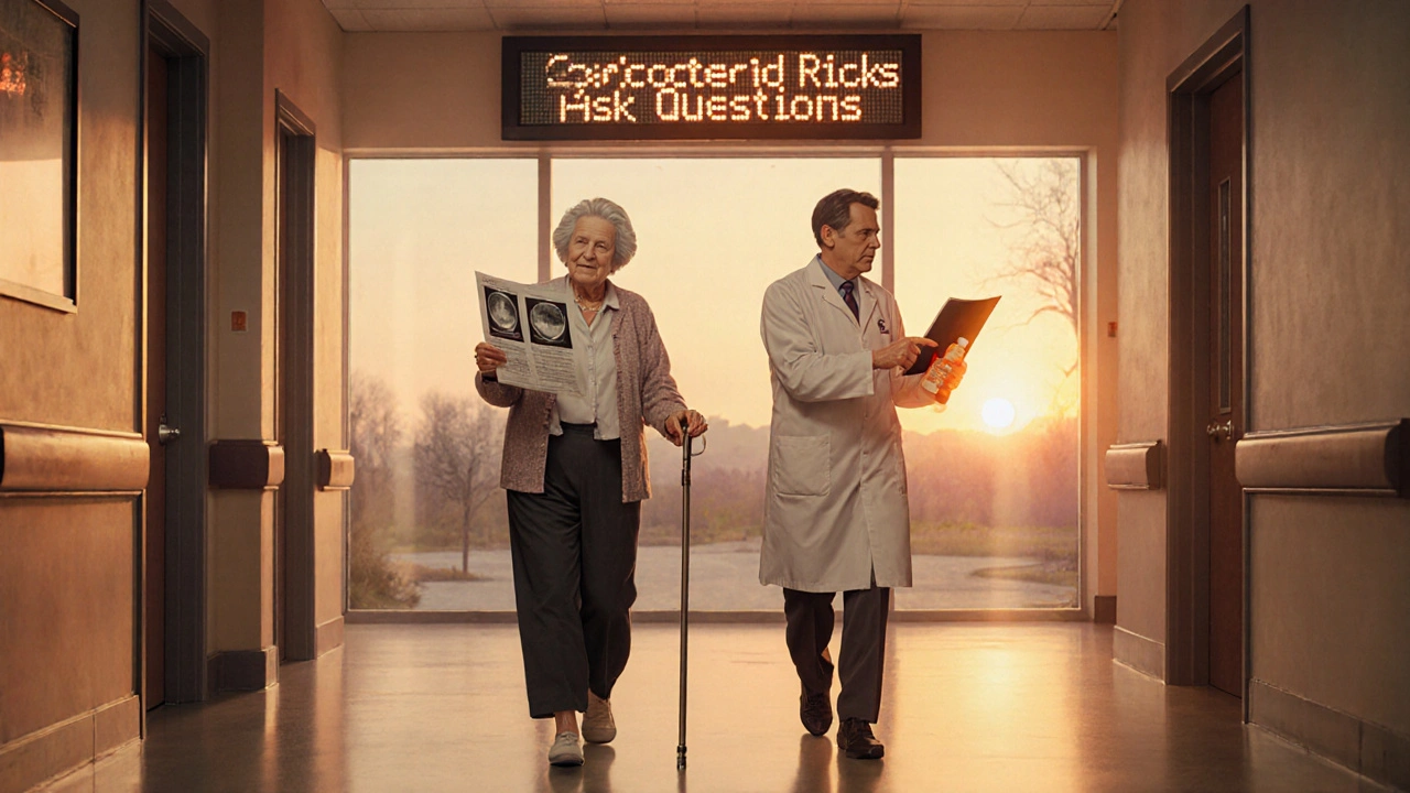 Una donna anziana cammina con un bastone in ospedale, tenendo un referto DEXA e una bottiglia di calcio, mentre un medico le indica un grafico al chiarore dell&#039;alba.