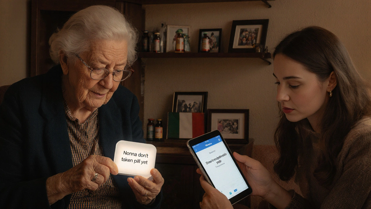 Una donna anziana riceve un promemoria dal suo organizzatore di pillole intelligente, mentre un familiare guarda una notifica sul tablet.