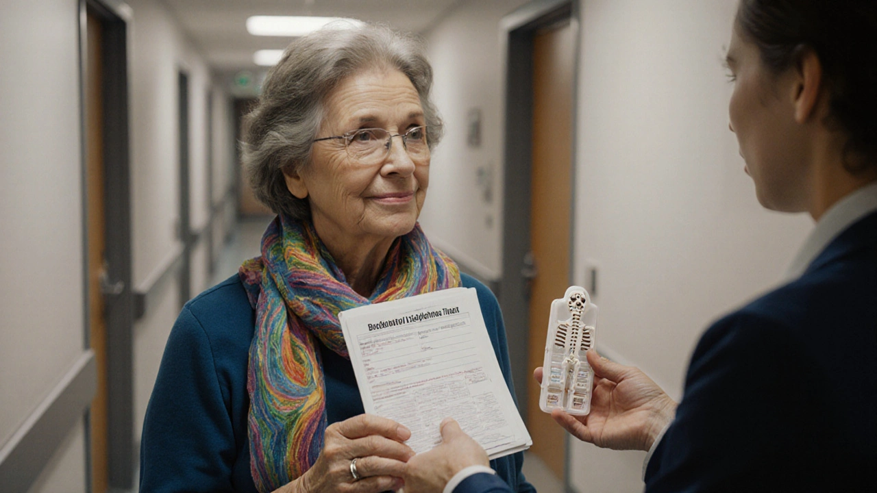 Una donna riceve i bisfosfonati in farmacia, tenendo un organizer a forma di scheletro, in un ambiente clinico caldo e umano.