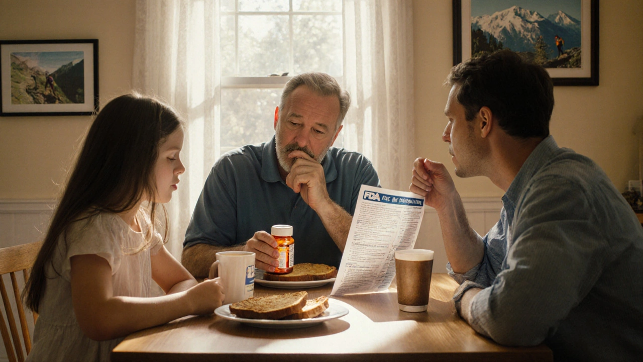 Una famiglia a colazione discute di farmaci generici, con un foglio dell&#039;FDA sul tavolo e una foto di una gita in montagna sul muro.