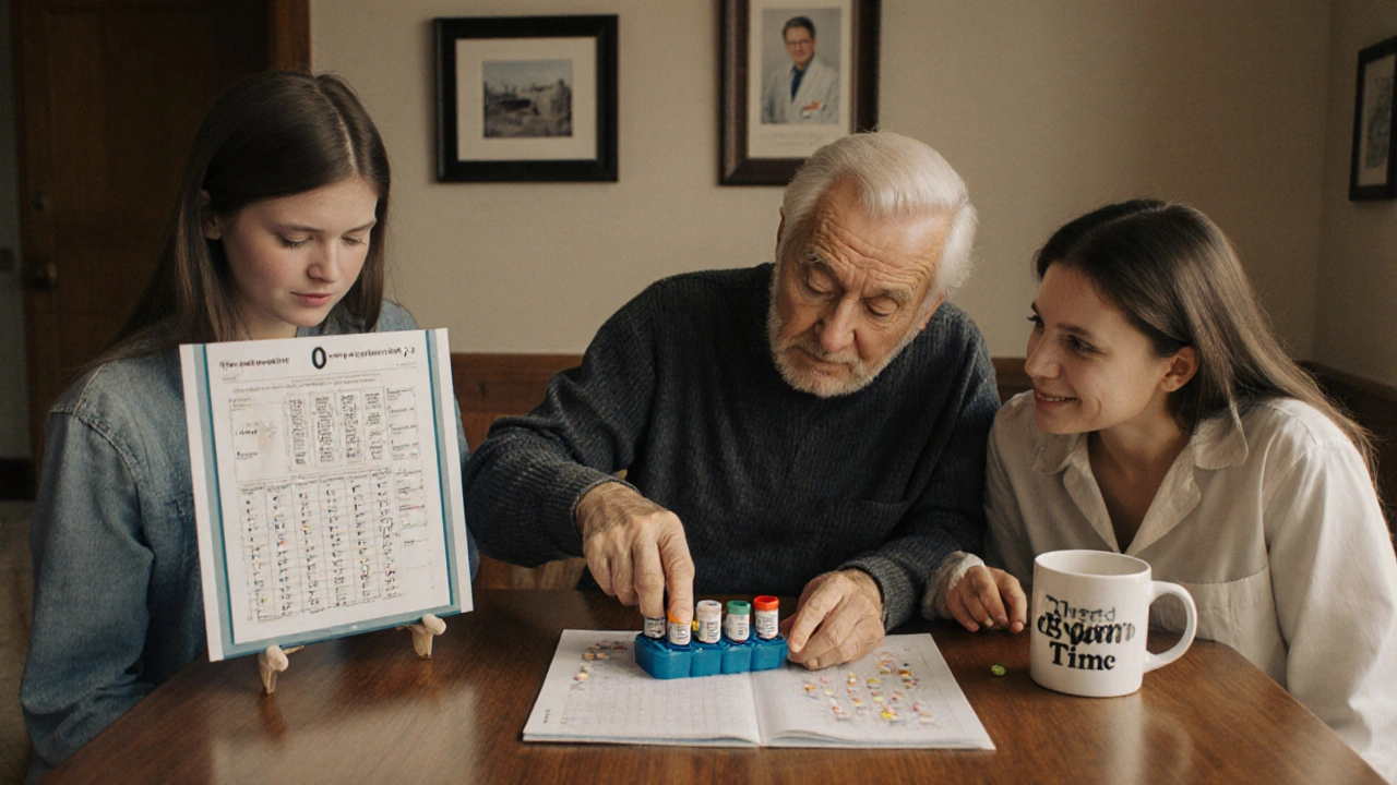 Una famiglia controlla insieme le informazioni sui farmaci a tavola, con dosaggi chiaramente scritti.