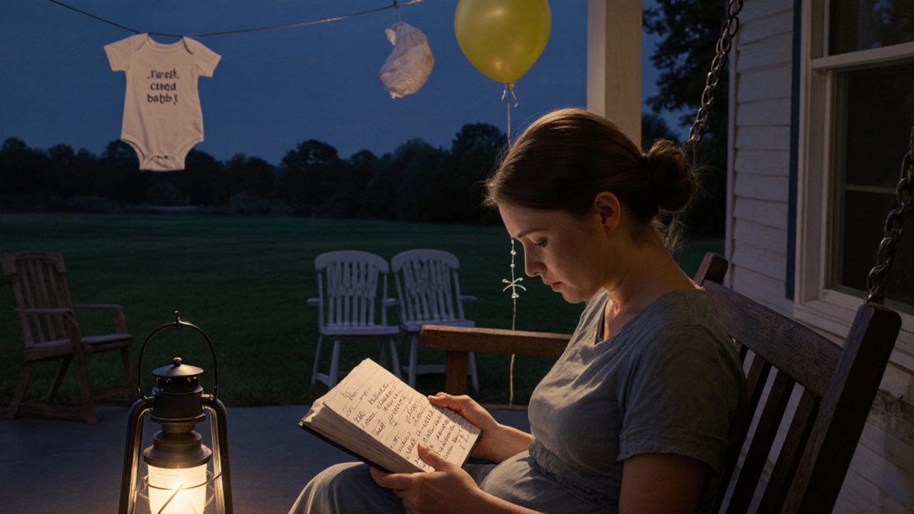 Una mamma incinta seduta su una veranda al tramonto, che legge un biglietto manoscritto con un libro in grembo.