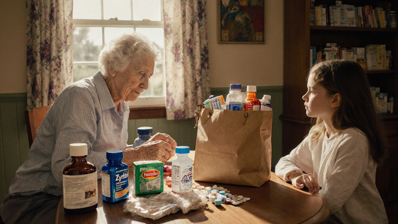 Una nonna e un farmacista che esaminano insieme i farmaci in un sacchetto marrone, con alternative più sicure visibili sulla tavola.