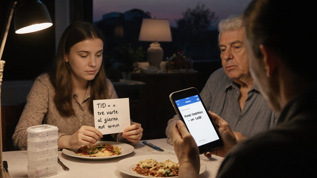 Una nonna guarda lo smartphone della nipote che mostra una notifica per prendere il farmaco, con una nota scritta a mano sul tavolo.