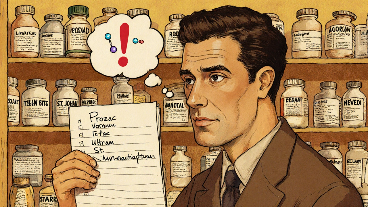 Uomo che guarda un elenco di farmaci in farmacia, realizza il rischio di interazioni pericolose.