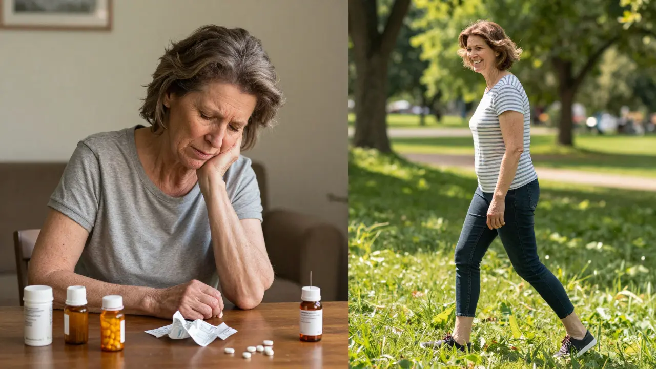 Confronto tra una donna sofferente tra farmaci e la stessa donna, sei settimane dopo, che cammina felice in un parco.