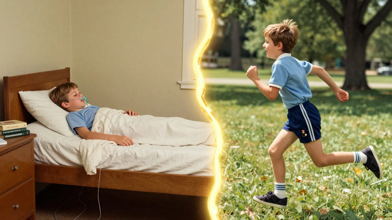 Contrasto tra un bambino malato negli anni '80 e lo stesso adulto che corre in un parco, simbolo di progresso medico.