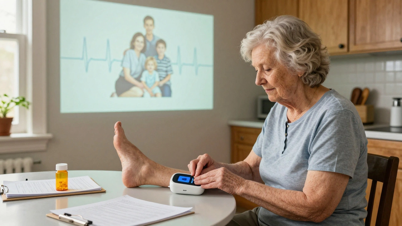 Donna anziana che usa il KardiaMobile 6L in cucina, con un tracciato ECG proiettato sulla parete dietro di lei.