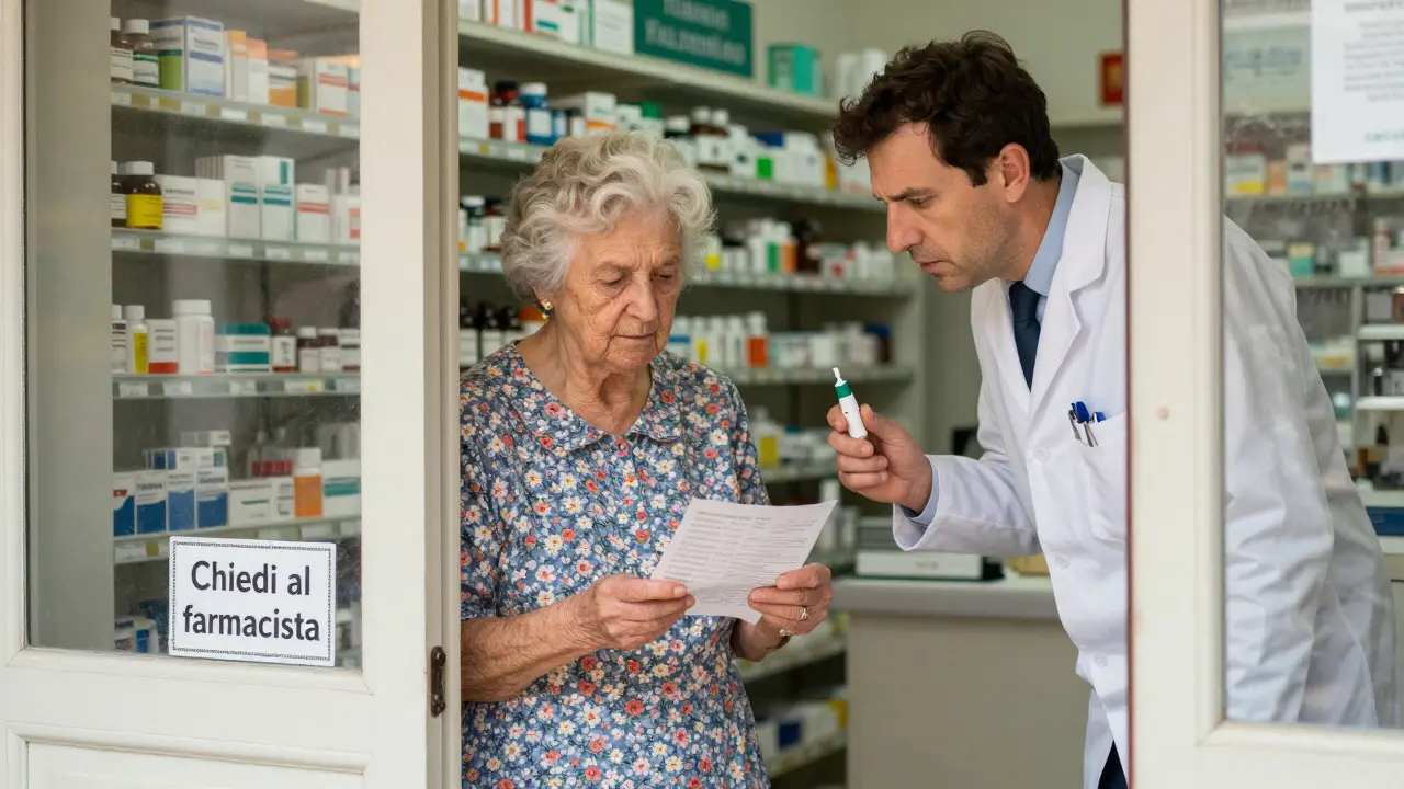 Donna anziana in farmacia con elenco di farmaci e iniettore di epinefrina.