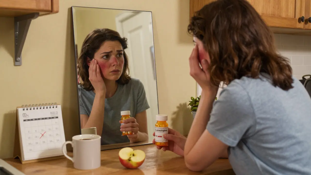 Donna in cucina che guarda uno specchio con un'eruzione cutanea che si diffonde.