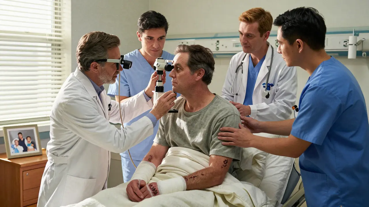 Equipe medica in stanza di recupero accudisce un paziente con cicatrici da SJS/TEN.