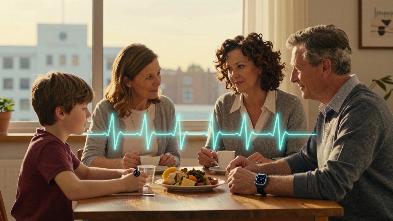 Famiglia a cena con dispositivi indossabili che emettono onde ECG sottili, simbolo di monitoraggio cardiaco continuo.