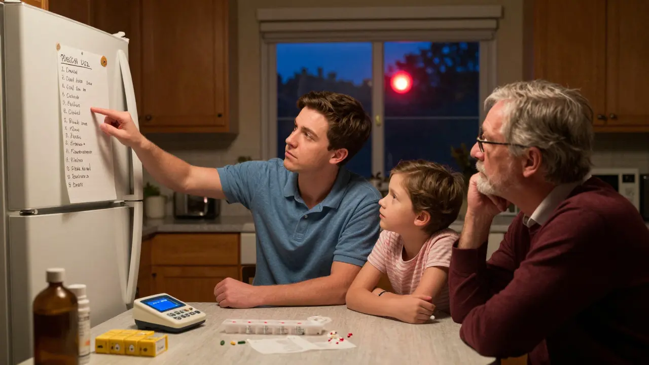 Famiglia al tavolo della cucina con lista di farmaci e dispositivo medico.