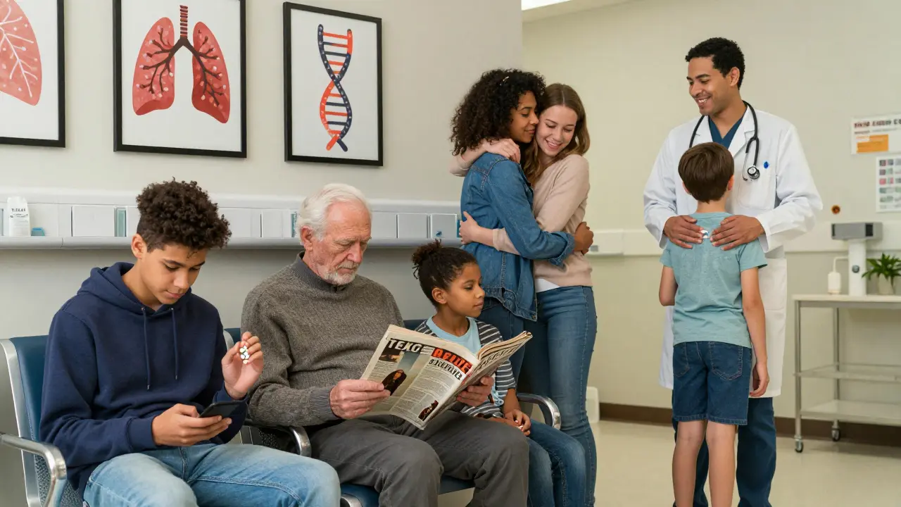 Famiglie in una sala d'attesa ospedaliera, con un adolescente che prende due pillole e un medico che entra con un sorriso.