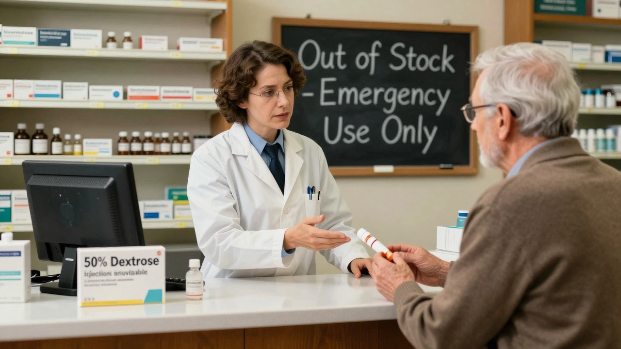 Farmacista che spiega a un paziente anziano che il farmaco per il diabete non è in stock.