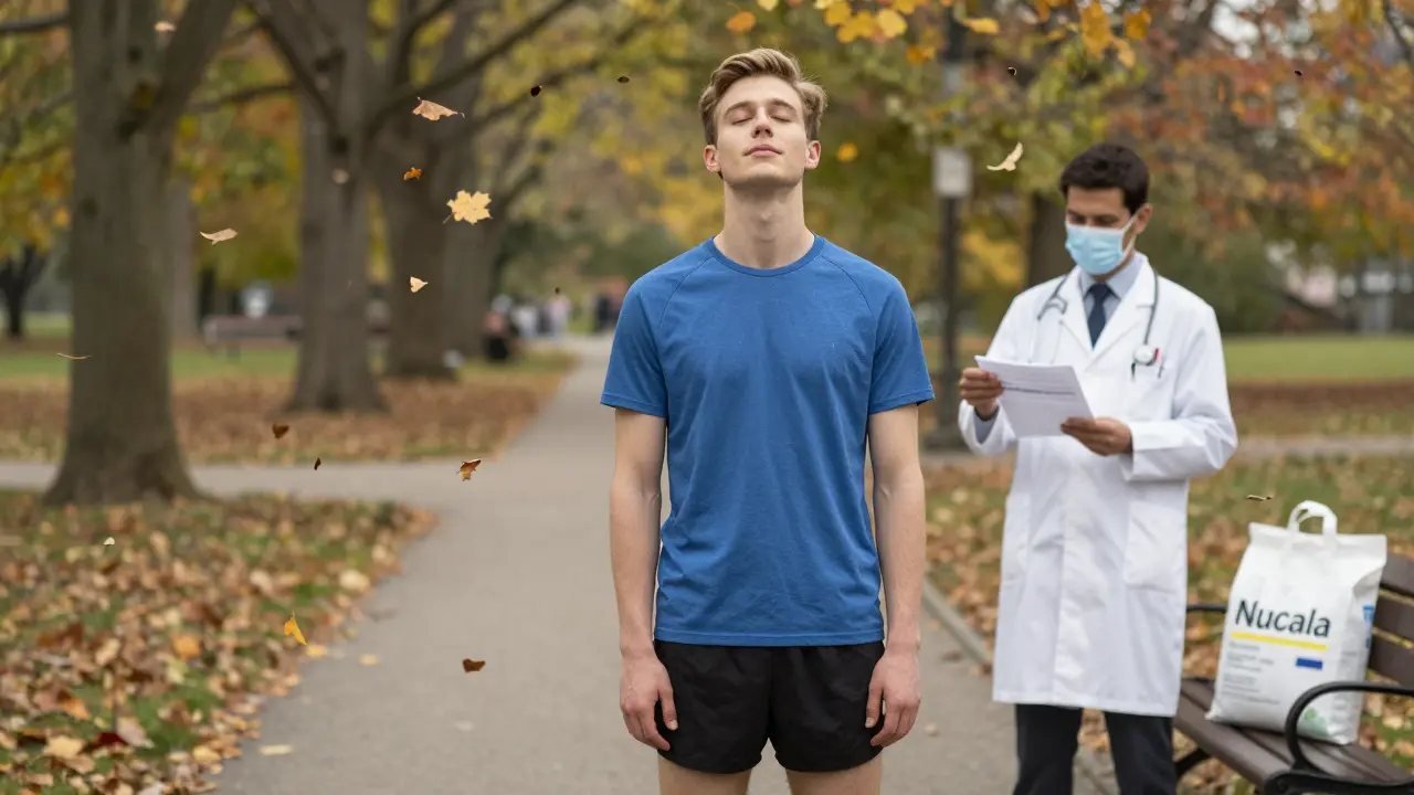 Giovane uomo che corre in un parco autunnale, sereno e senza difficoltà respiratorie.