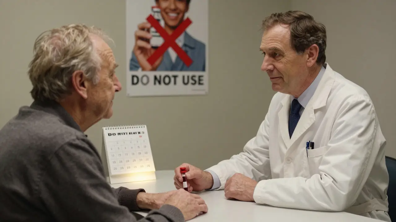 Medico che esamina un paziente in clinica, con provetta e poster sui vaccini, atmosfera calma e fiduciosa.