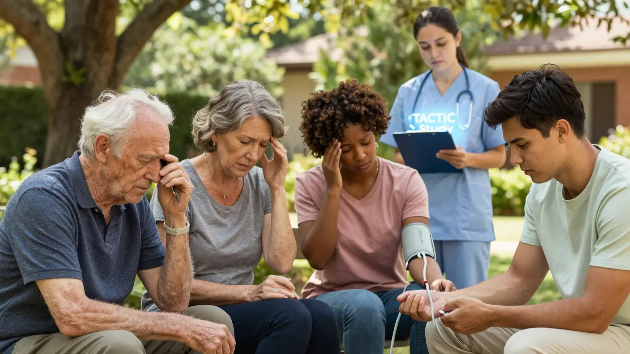 Pazienti trapiantati in un giardino ospedaliero, ognuno con segni di neurotossicità: tremori, mal di testa, confusione, in un'atmosfera serena ma carica di silenziosa sofferenza.