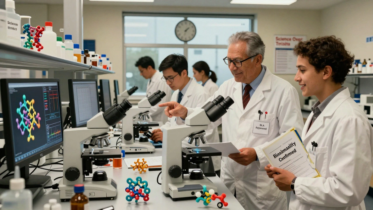 Scienziati in un laboratorio FDA esaminano modelli molecolari e grafici di biosimilarità con strumenti avanzati.