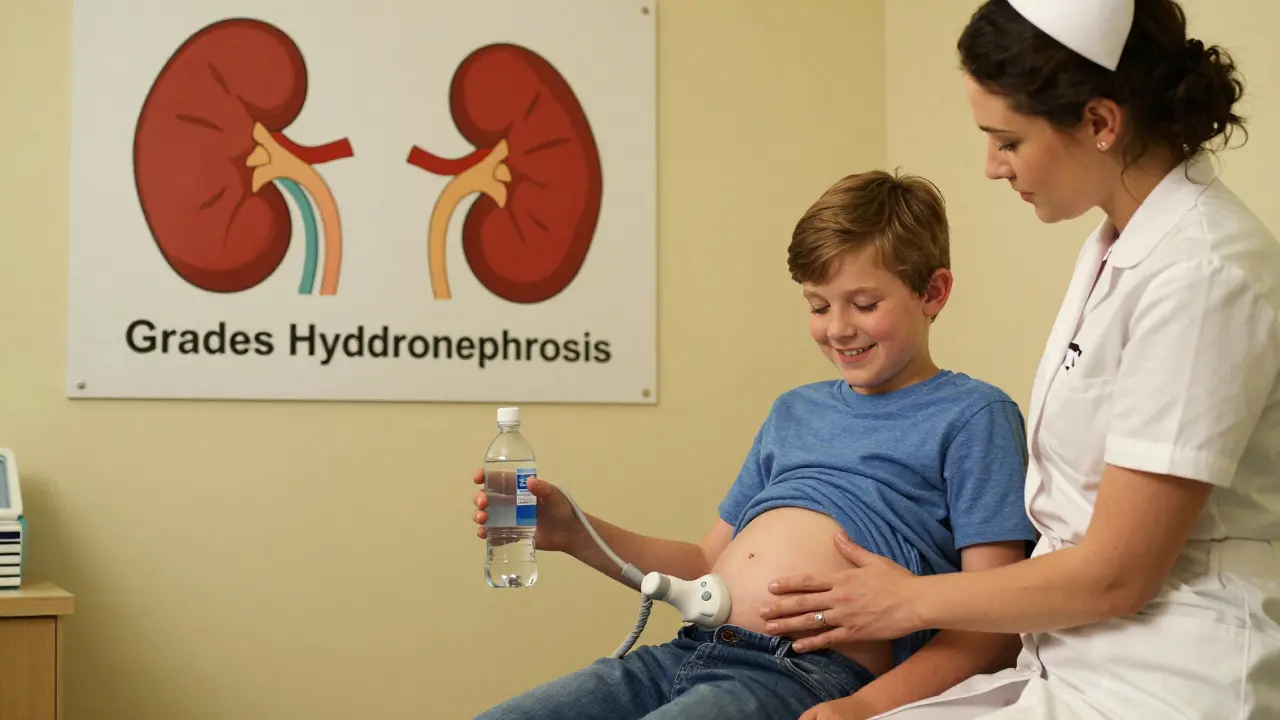 Un bambino viene sottoposto a un'ecografia renale in clinica, con una poster illustrato che mostra i gradi di idronefrosi sullo sfondo.