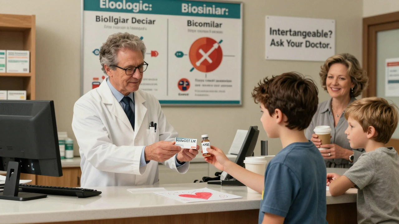 Un farmacista consegna un biosimilare a un paziente con diabete, mentre una famiglia guarda con fiducia.