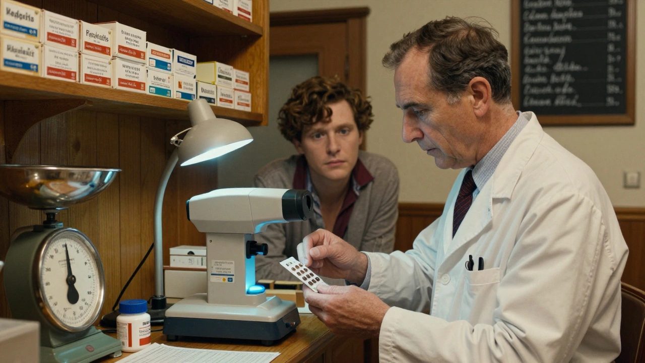 Un farmacista controlla un farmaco con uno spettrometro portatile in una farmacia tradizionale, mentre un cliente osserva con attenzione.