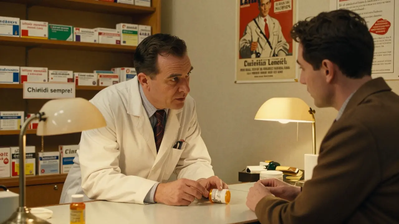 Un farmacista spiega a un paziente gli ingredienti di un farmaco, con testi minimi che rivelano lattosio e olio di arachidi.