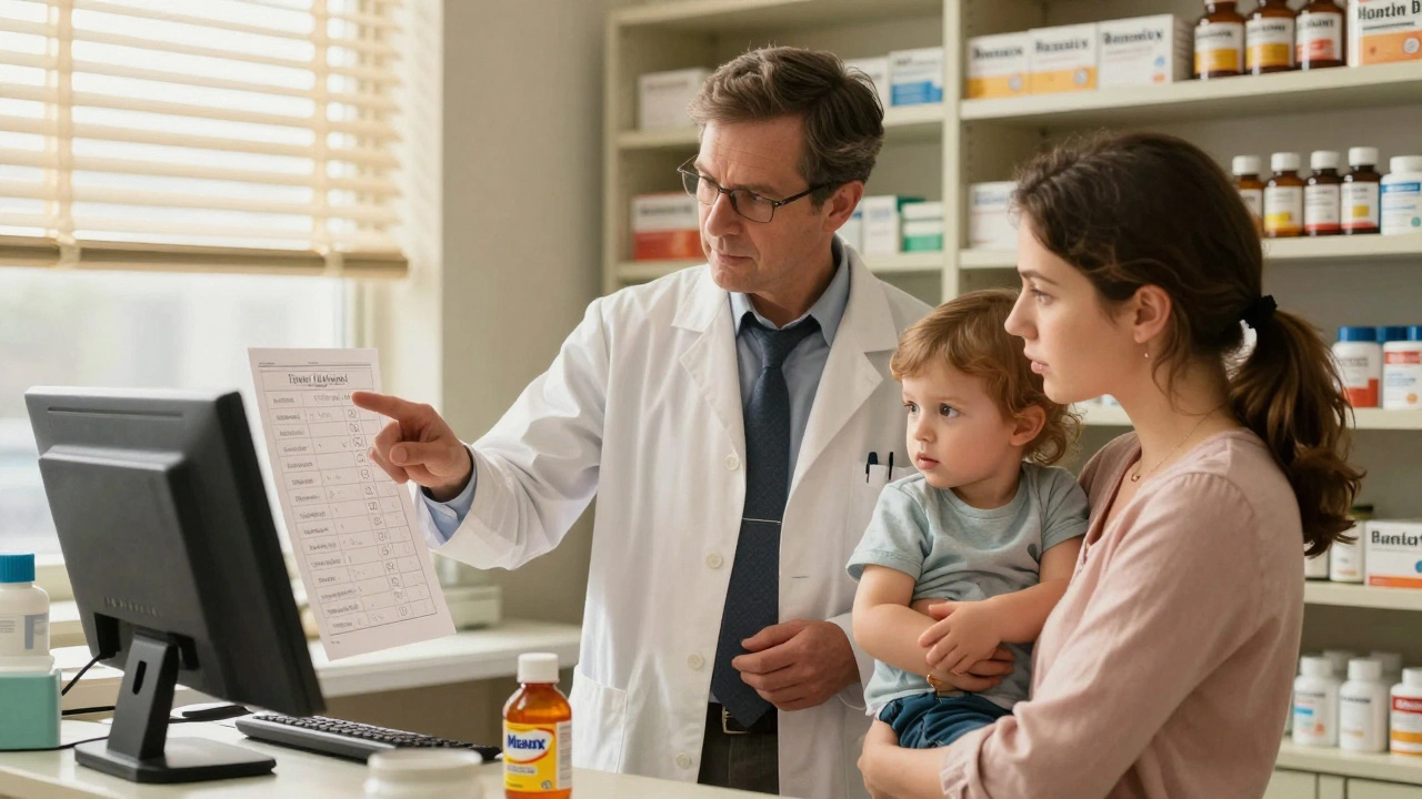 Un farmacista spiega a una madre le interazioni tra antibiotici e antiacidi in una farmacia accogliente.