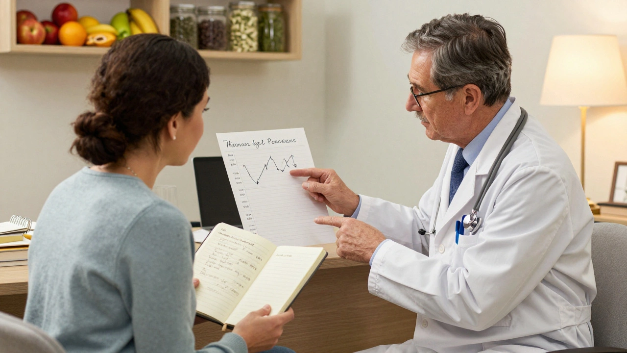 Un medico e un paziente esaminano insieme un grafico della pressione sanguigna in un ufficio accogliente, con un diario aperto sul tavolo.