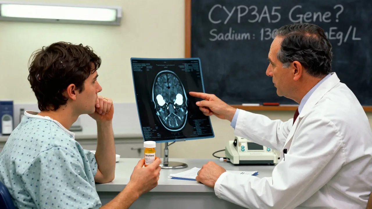 Un medico mostra a un paziente una risonanza magnetica del cervello con anomalie, mentre il paziente tiene una bottiglia di tacrolimus.