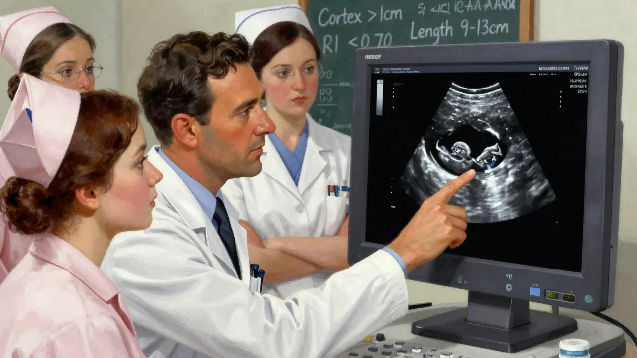 Un medico spiega un'ecografia renale a un paziente, con valori normali visibili su una lavagna e onde Doppler sullo schermo.