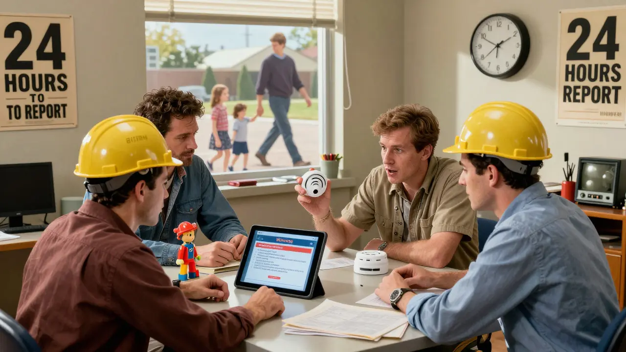 Un team di ingegneri discute un difetto di sicurezza mentre una famiglia passa indifferente davanti alla finestra.