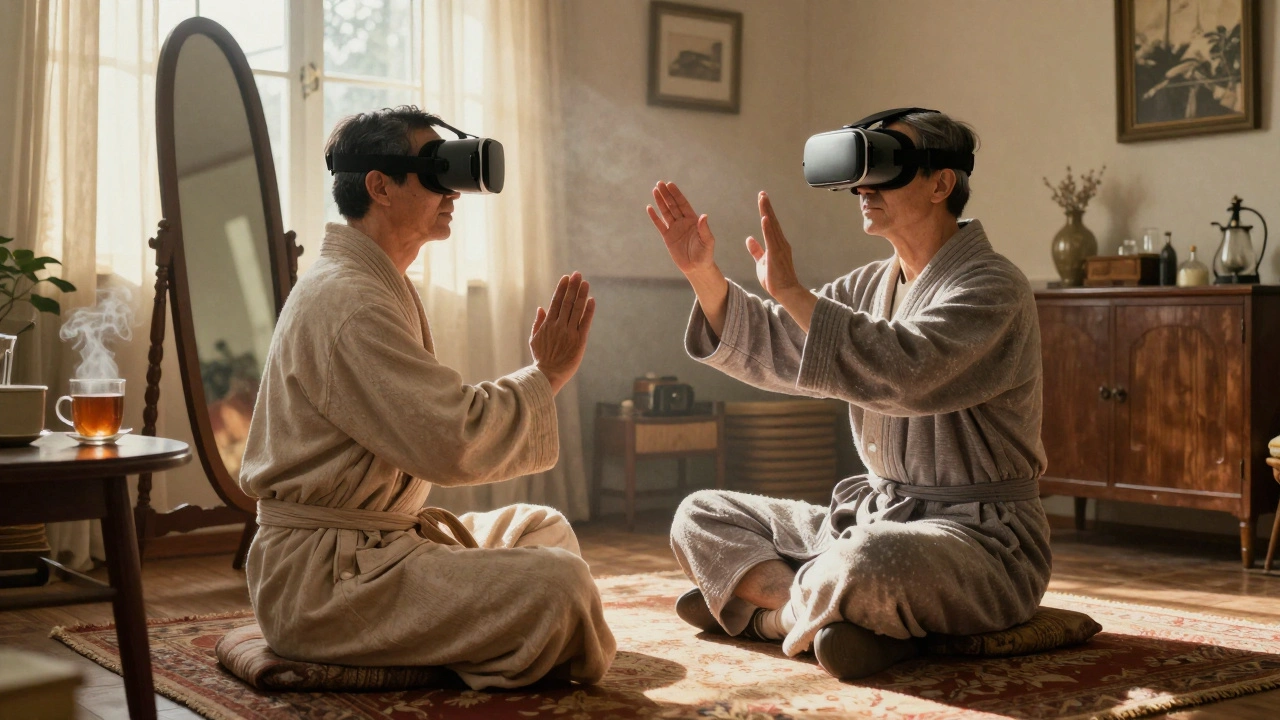 Un veterano pratica tai chi con visore VR a casa al mattino, mentre la luce del sole illumina la stanza.