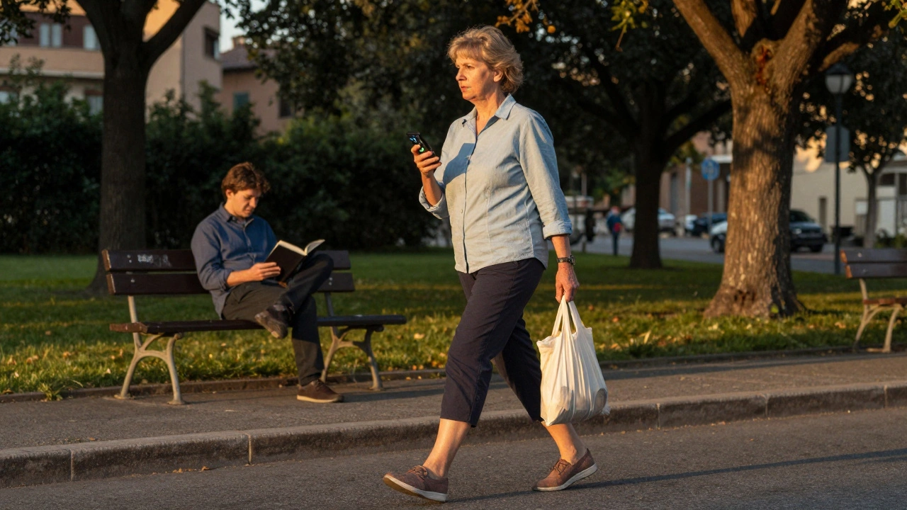 Una donna cammina velocemente in una strada italiana al tramonto, con una borsa della spesa e uno smartphone che mostra i passi compiuti.