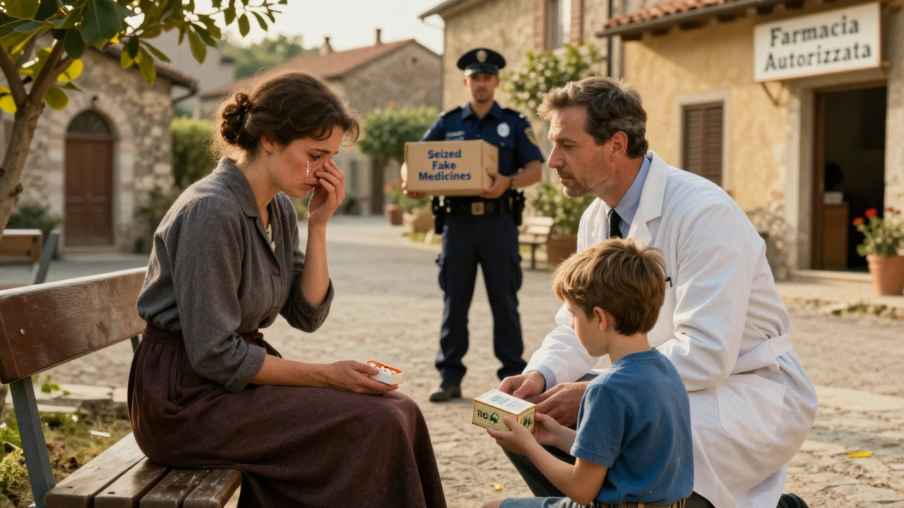 Una donna piange su una panchina mentre un dottore la ascolta; accanto a loro, una scatola di farmaco contraffatto.