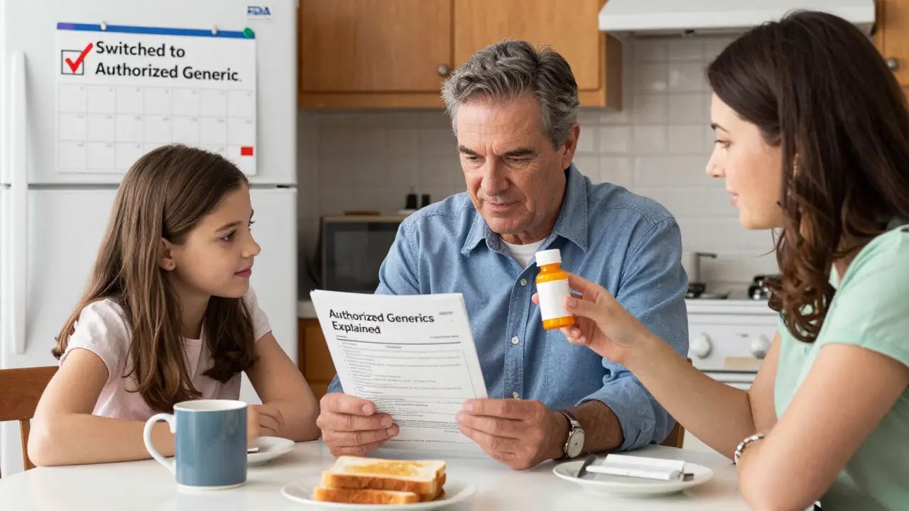Una famiglia discute di farmaci generici autorizzati a tavola, con un foglio FDA e una prescrizione visibili.