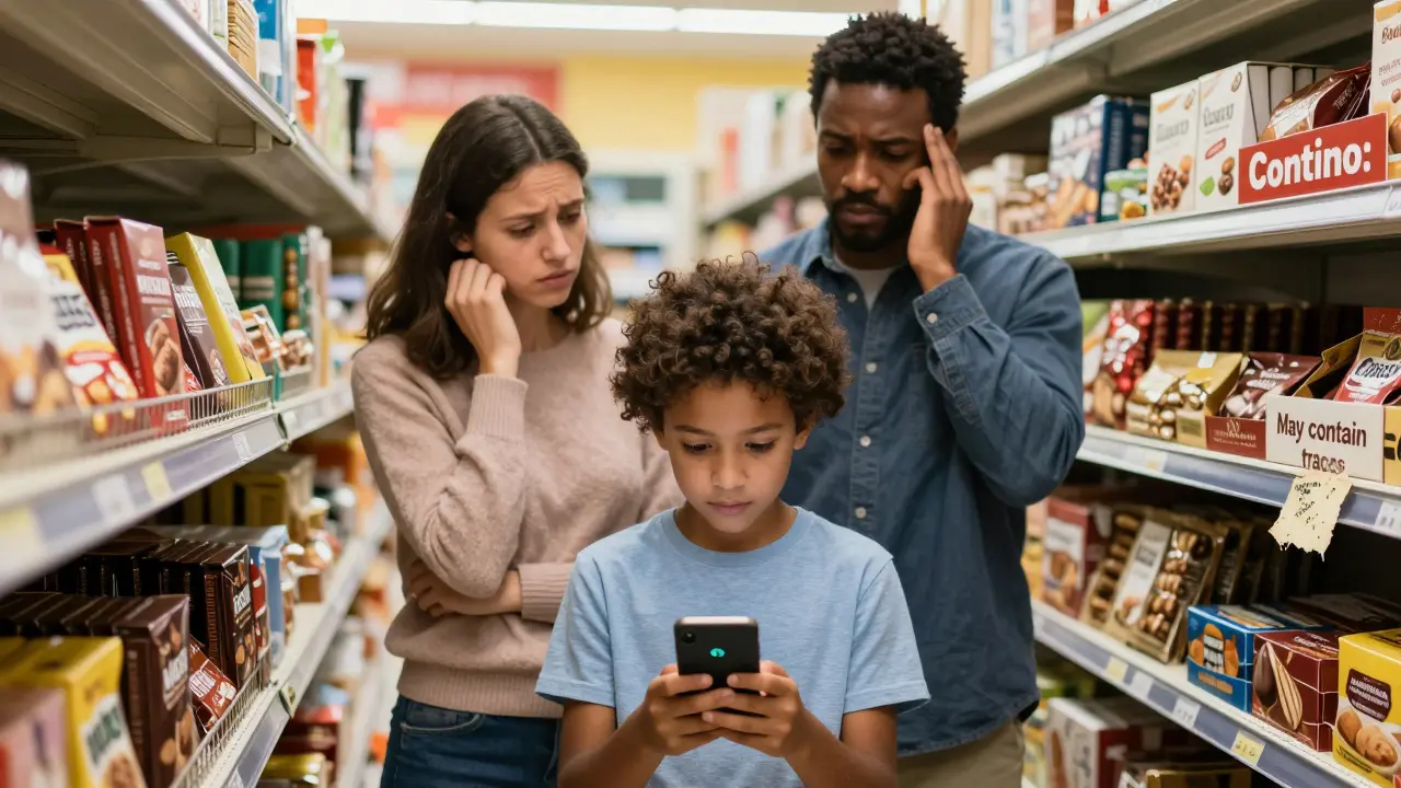Una famiglia esamina prodotti importati al supermercato, mentre un bambino usa un'app per rilevare allergeni nascosti.