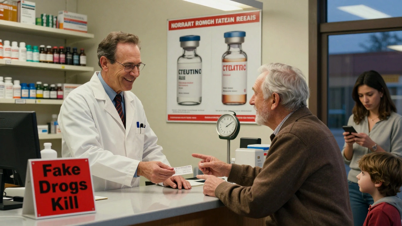 Una farmacia italiana al tramonto: un farmacista consegna una prescrizione mentre un poster avverte sui farmaci falsi.